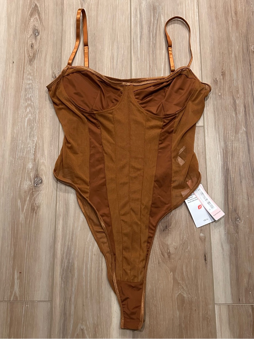 Plus Size Brown Mesh Corset Slip Bodysuit